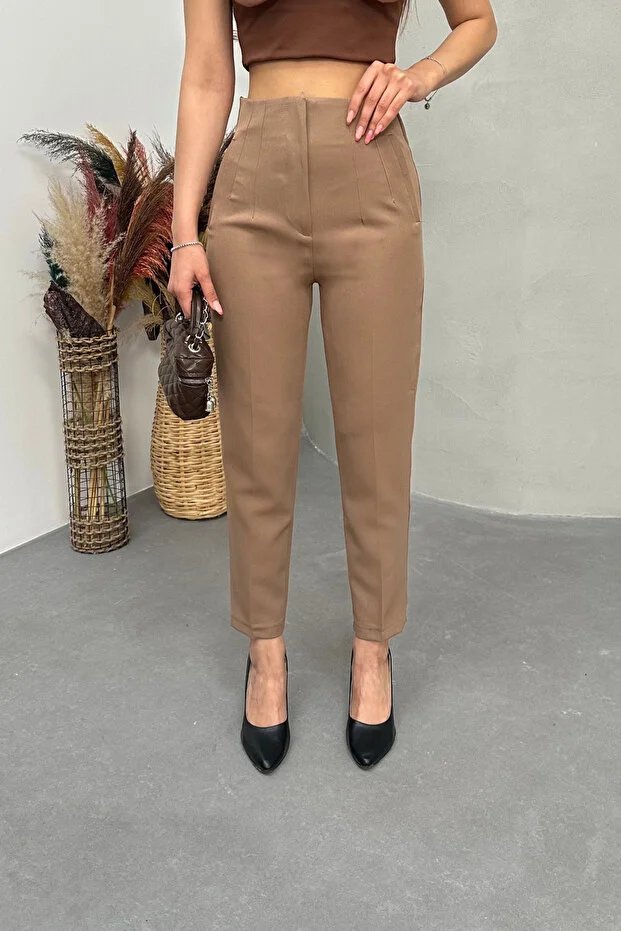  Kadın Yüksek Bel Pensli Dar Paça Kumaş Pantolon